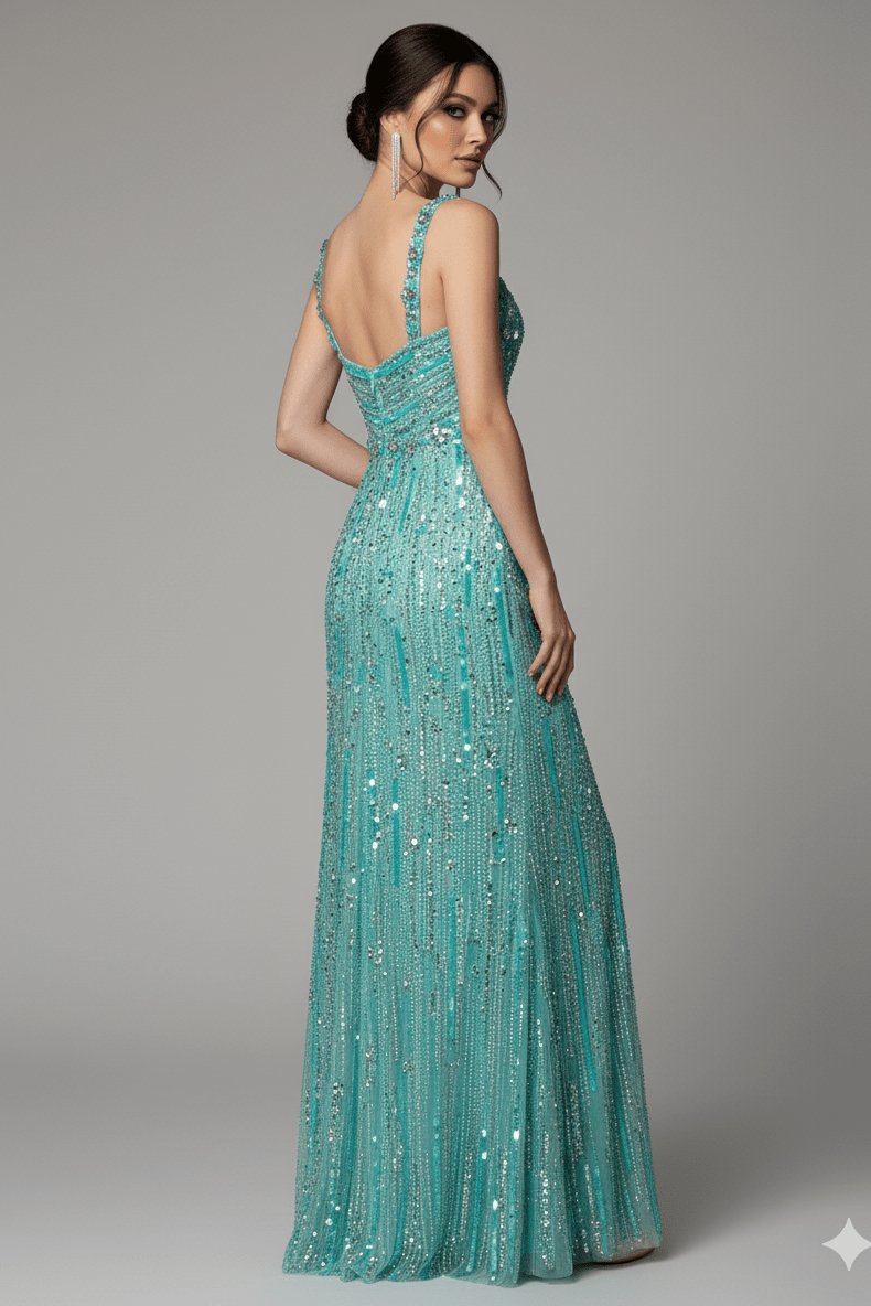 Aveline Sequin Beaded Mesh Gown by Luxe Lane | from Luxe Lane | SKU:  | Barcode:  | Options: Rose Red S | close - up of Luxe Lane turquoise sequin gown highlighting intricate bead pattern and strap detail