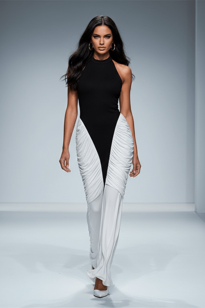 Averine Patchwork Halter Maxi Gown by Shine | mermaid gown from Luxe Lane | SKU: W11165-1 | Barcode:  | Options: White S | Model wearing a black and white dress on a gray runway