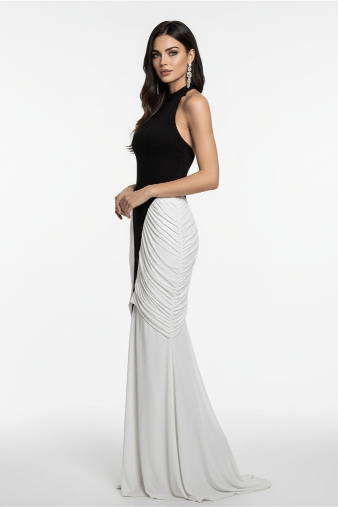 Averine Patchwork Halter Maxi Gown by Shine | mermaid gown from Luxe Lane | SKU: W11165-1 | Barcode:  | Options: White S | Woman wearing a black and white evening gown on a white background