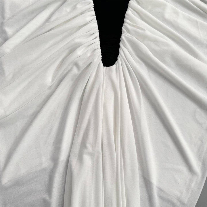 Averine Patchwork Halter Maxi Gown by Shine | mermaid gown from Luxe Lane | SKU: W11165-1 | Barcode:  | Options: White S | Elegant Black and White Patchwork Maxi Dress Sexy Sleeveless Halter Evening Gown Women Bodycon Long Party Pleated Dress