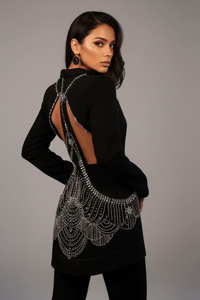 Averis Rhinestone Blazer & Pants Set by Shine | 2 piece long set from Luxe Lane | SKU: -1 | Barcode:  | Options: Black S | Woman wearing a black dress with intricate silver back design on a gray background