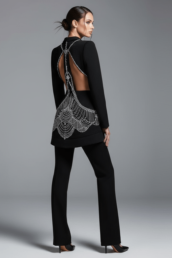 Averis Rhinestone Blazer & Pants Set by Shine | 2 piece long set from Luxe Lane | SKU: -1 | Barcode:  | Options: Black S | Woman wearing a black outfit with a detailed back design on a gray background