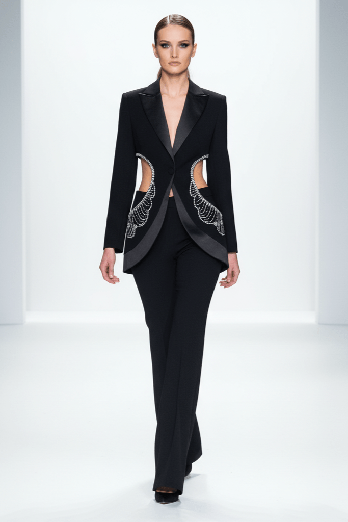 Averis Rhinestone Blazer & Pants Set by Shine | 2 piece long set from Luxe Lane | SKU: -1 | Barcode:  | Options: Black S | Model wearing a black suit with intricate designs on a white background