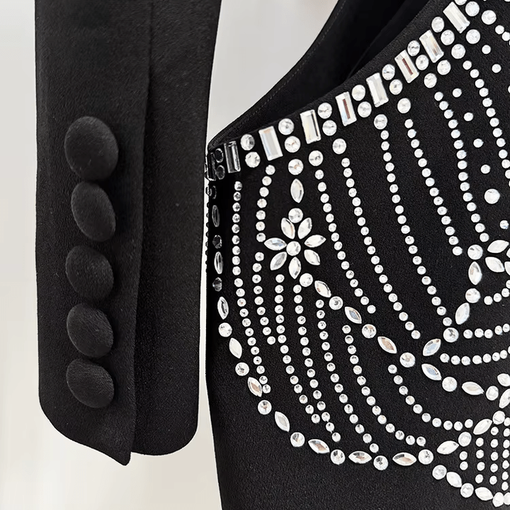 Averis Rhinestone Blazer & Pants Set by Shine | 2 piece long set from Luxe Lane | SKU: -1 | Barcode:  | Options: Black S | Luxury Rhinestone Blazer Set Fashion Backless Suit Jacket Pants Two Piece Elegant Evening Party Wear Suit for Women