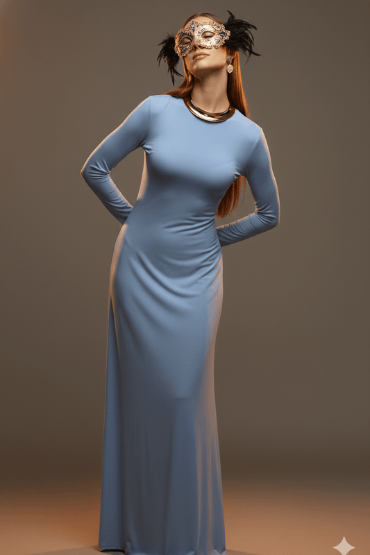 Backless Long Sleeve Draped Maxi Evening Gown by Luxe Lane | from Luxe Lane | SKU: -1 | Barcode:  | Options: Blue S(6) | Woman wearing a long blue dress with a slit, gold mask, and feathered headpiece against a brown background.