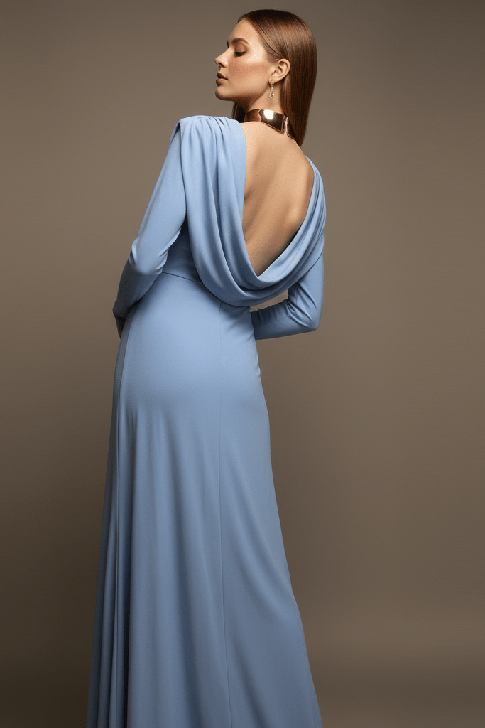 Backless Long Sleeve Draped Maxi Evening Gown by Luxe Lane | from Luxe Lane | SKU: -1 | Barcode:  | Options: Blue S(6) | Woman wearing a blue evening gown against a brown background