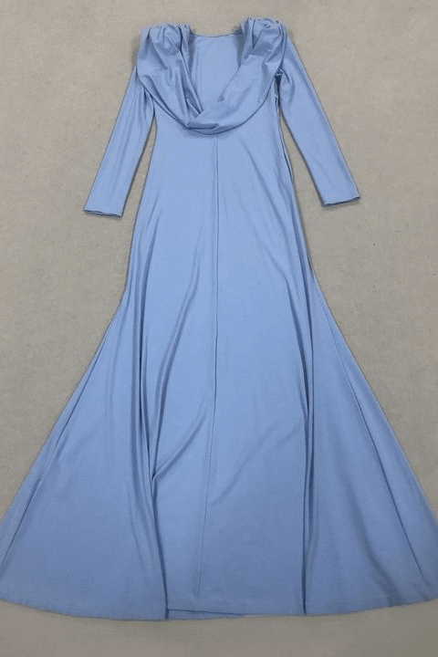 Backless Long Sleeve Draped Maxi Evening Gown by Luxe Lane | from Luxe Lane | SKU: -1 | Barcode:  | Options: Blue S(6) | Elegant Blue Backless Long Sleeve Maxi Evening Gown Fashion Women Slim Fit Draped Open Back Formal Party Dress