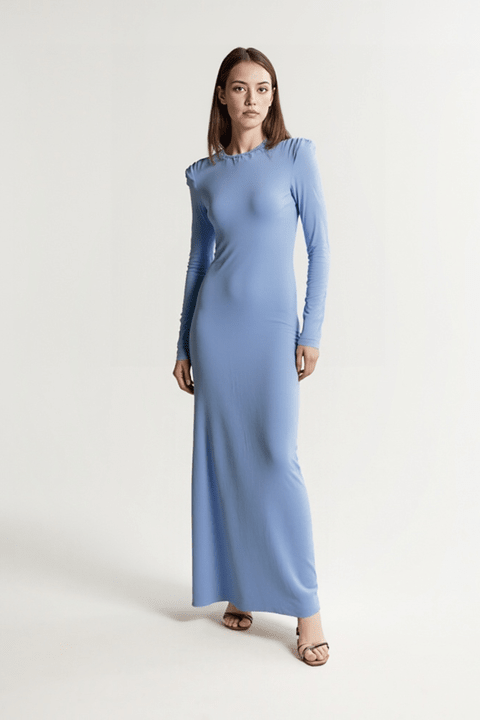 Backless Long Sleeve Draped Maxi Evening Gown by Luxe Lane | from Luxe Lane | SKU: -1 | Barcode:  | Options: Blue S(6) | Elegant Blue Backless Long Sleeve Maxi Evening Gown Fashion Women Slim Fit Draped Open Back Formal Party Dress
