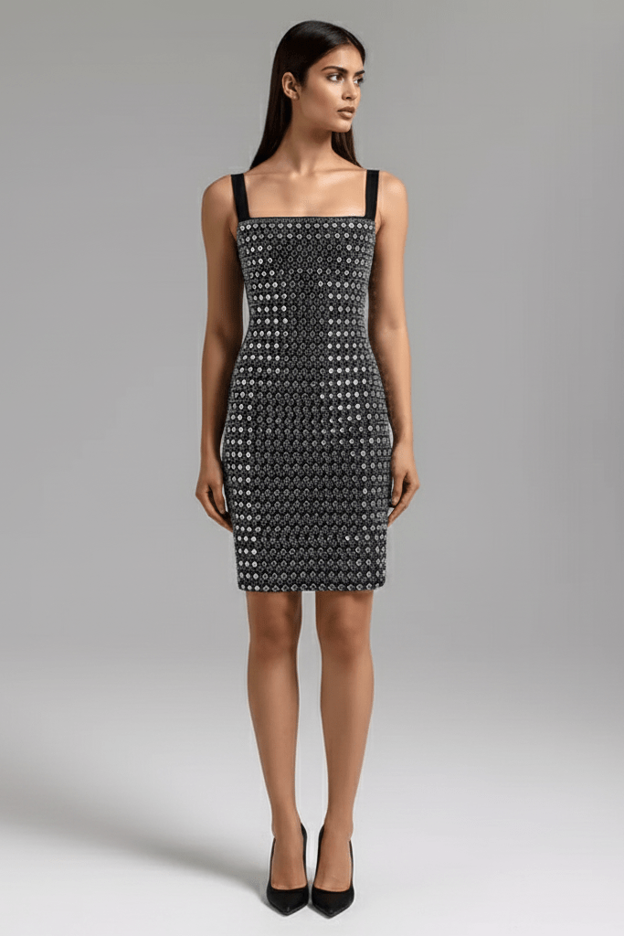 Backless Rhinestone Strapless Evening Dress by Luxe Lane | Party dresses from Luxe Lane | SKU: -1 | Barcode:  | Options: Black M(8) | Woman wearing a black and white patterned dress on a gray background