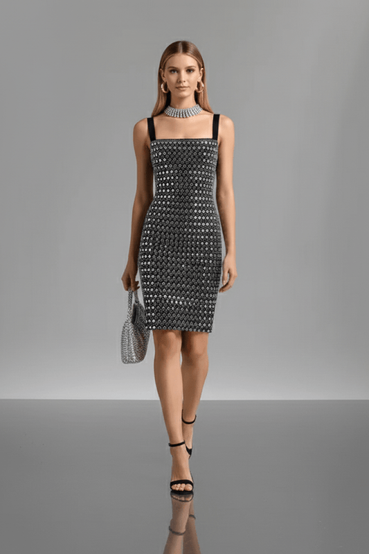 Backless Rhinestone Strapless Evening Dress by Luxe Lane | Party dresses from Luxe Lane | SKU: -1 | Barcode:  | Options: Black M(8) | Woman wearing a black and silver dress with a gray background