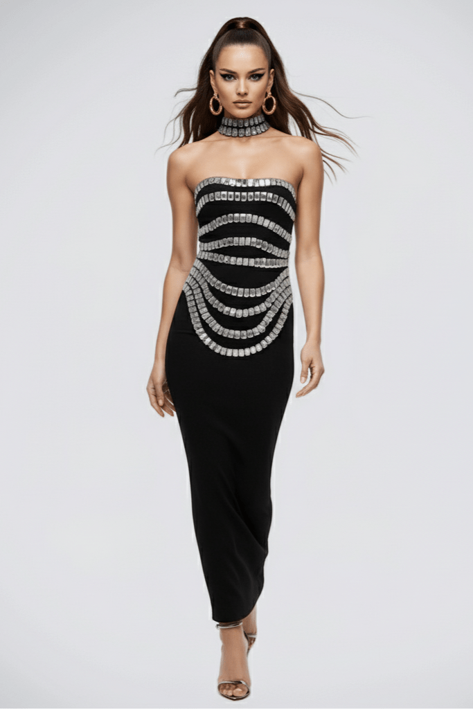 Bandage Dress with Crystal Rhinestone by Luxe Lane | from Luxe Lane | SKU:  | Barcode:  | Options: Black S | Bandage Dress with Crystal Rhinestone