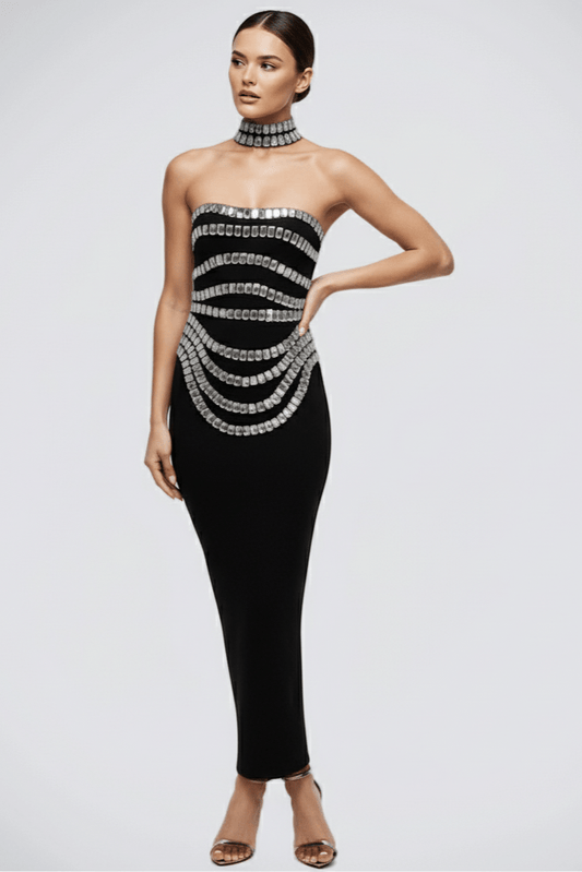 Bandage Dress with Crystal Rhinestone by Luxe Lane | from Luxe Lane | SKU:  | Barcode:  | Options: Black S | Bandage Dress with Crystal Rhinestone