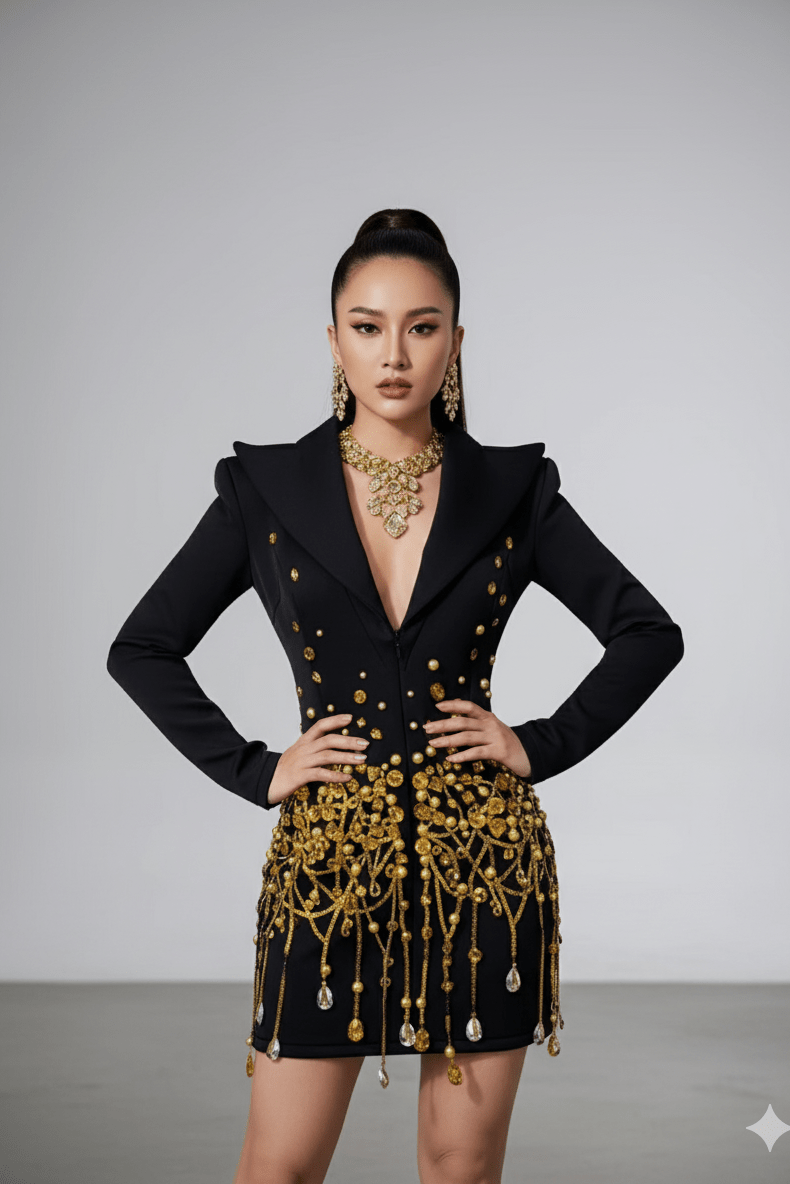 Bead Fringe Black Blazer Dress by Alibaba | Suits from Luxe Lane | SKU:  | Barcode:  | Options: Black S(6) | Bead Fringe Black Blazer Dress