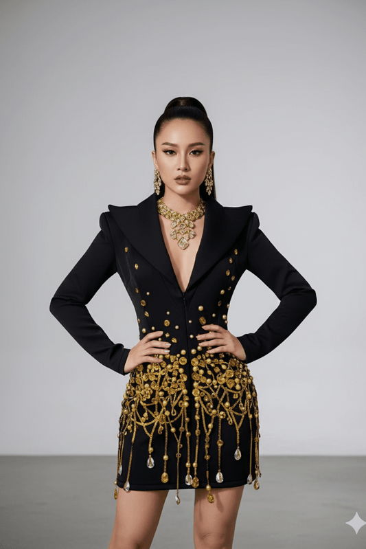 Bead Fringe Black Blazer Dress by Alibaba | Suits from Luxe Lane | SKU:  | Barcode:  | Options: Black S(6) | Bead Fringe Black Blazer Dress