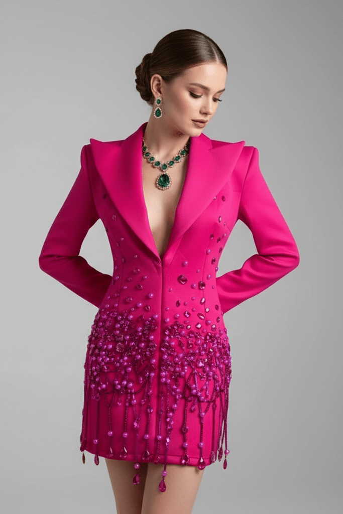 Bead Fringe Black Blazer Dress by Alibaba | Suits from Luxe Lane | SKU:  | Barcode:  | Options: Black S(6) | Bead Fringe Black Blazer Dress