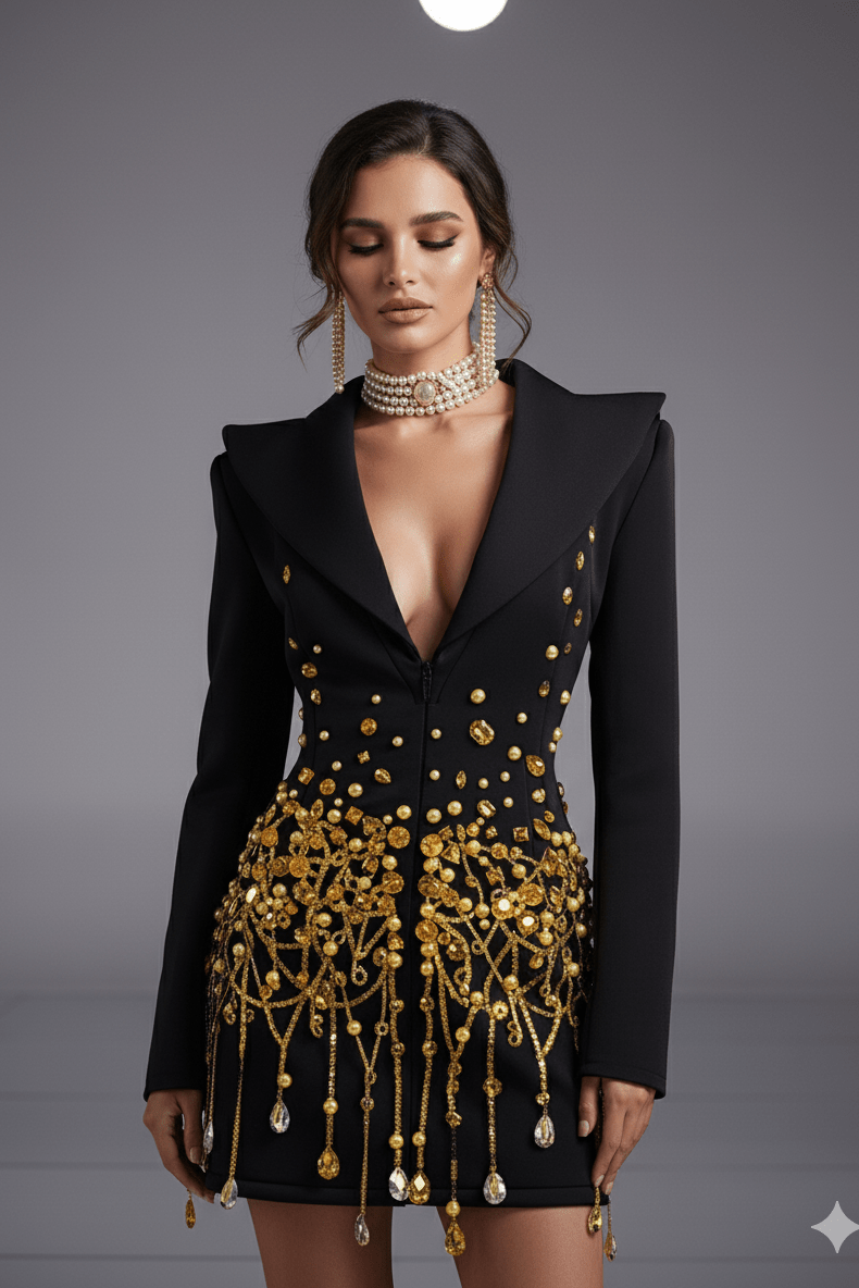 Bead Fringe Black Blazer Dress by Alibaba | Suits from Luxe Lane | SKU:  | Barcode:  | Options: Black S(6) | Bead Fringe Black Blazer Dress