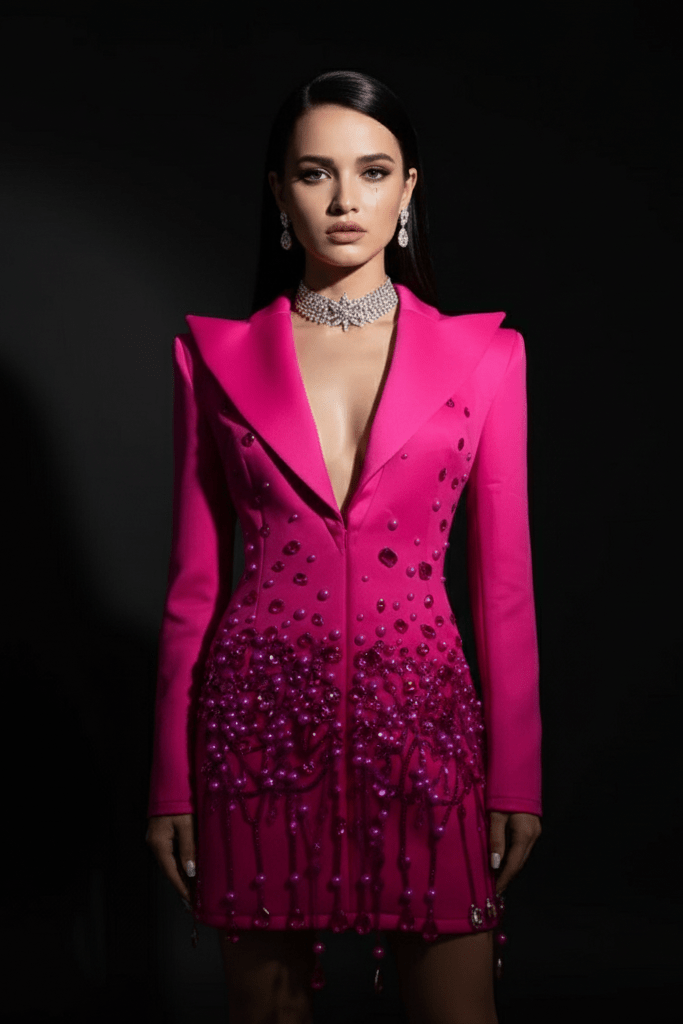 Bead Fringe Black Blazer Dress by Alibaba | Suits from Luxe Lane | SKU:  | Barcode:  | Options: Black S(6) | Bead Fringe Black Blazer Dress