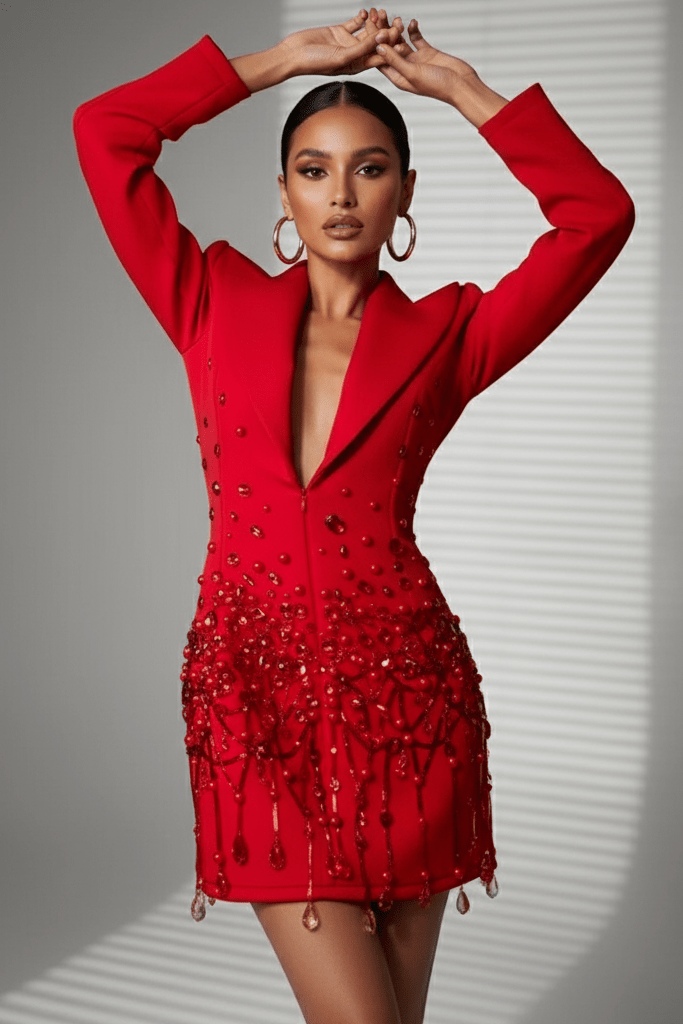 Bead Fringe Black Blazer Dress by Alibaba | Suits from Luxe Lane | SKU:  | Barcode:  | Options: Black S(6) | Bead Fringe Black Blazer Dress