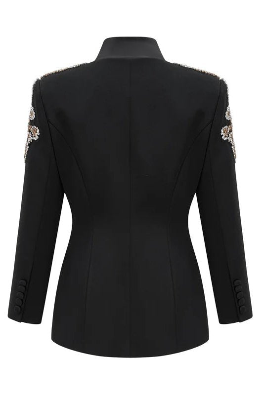 Beaded Blazer & Slit Wide - Leg Pant Set by Luxe Lane | Pants Suits from Luxe Lane | SKU: 1688358-1 | Barcode:  | Options: Black S(6) | Black blazer with floral embellishments on the shoulders against a white background