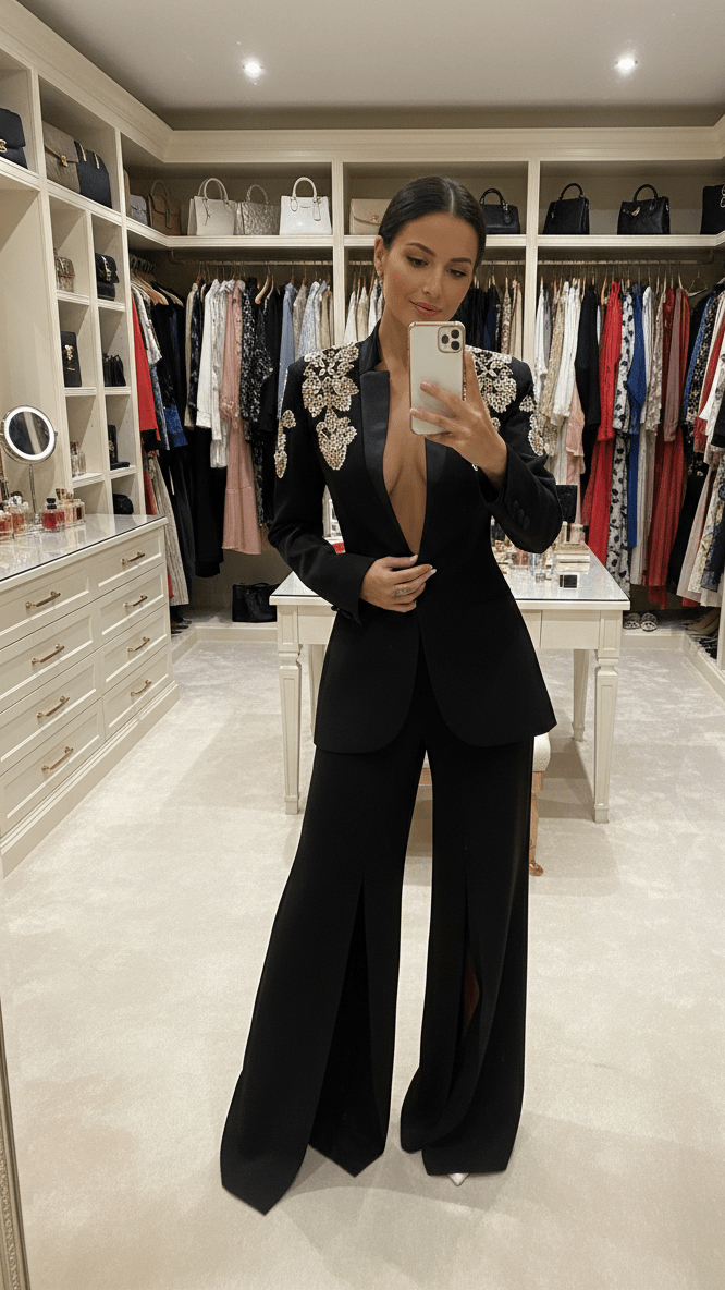 Beaded Blazer & Slit Wide - Leg Pant SetPants SuitsBlackS(6)Luxe Lane