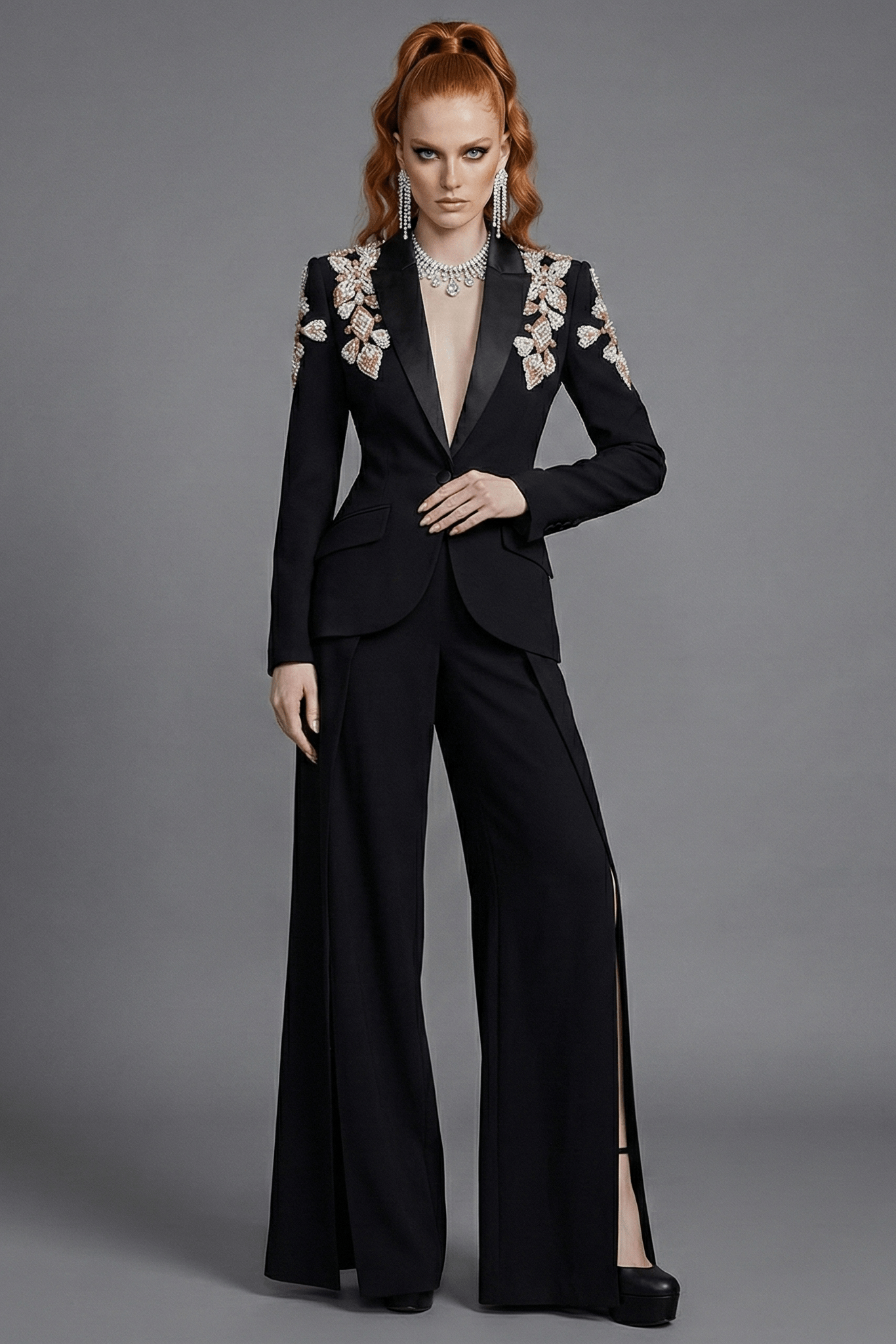 Beaded Blazer & Slit Wide - Leg Pant Set by Luxe Lane | Pants Suits from Luxe Lane | SKU: 1688358-1 | Barcode:  | Options: Black S(6) | Woman wearing a black suit with floral embellishments on a gray background