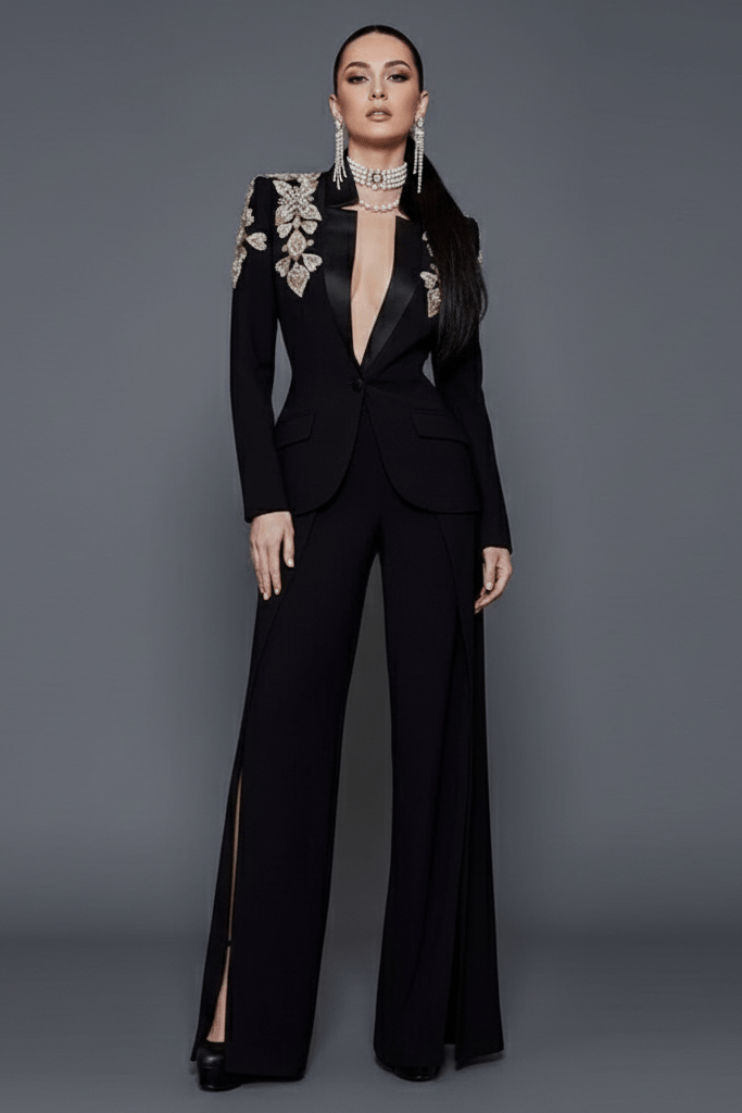 Beaded Blazer & Slit Wide - Leg Pant Set by Luxe Lane | Pants Suits from Luxe Lane | SKU: 1688358-1 | Barcode:  | Options: Black S(6) | Woman wearing a black outfit with floral embellishments on a gray background