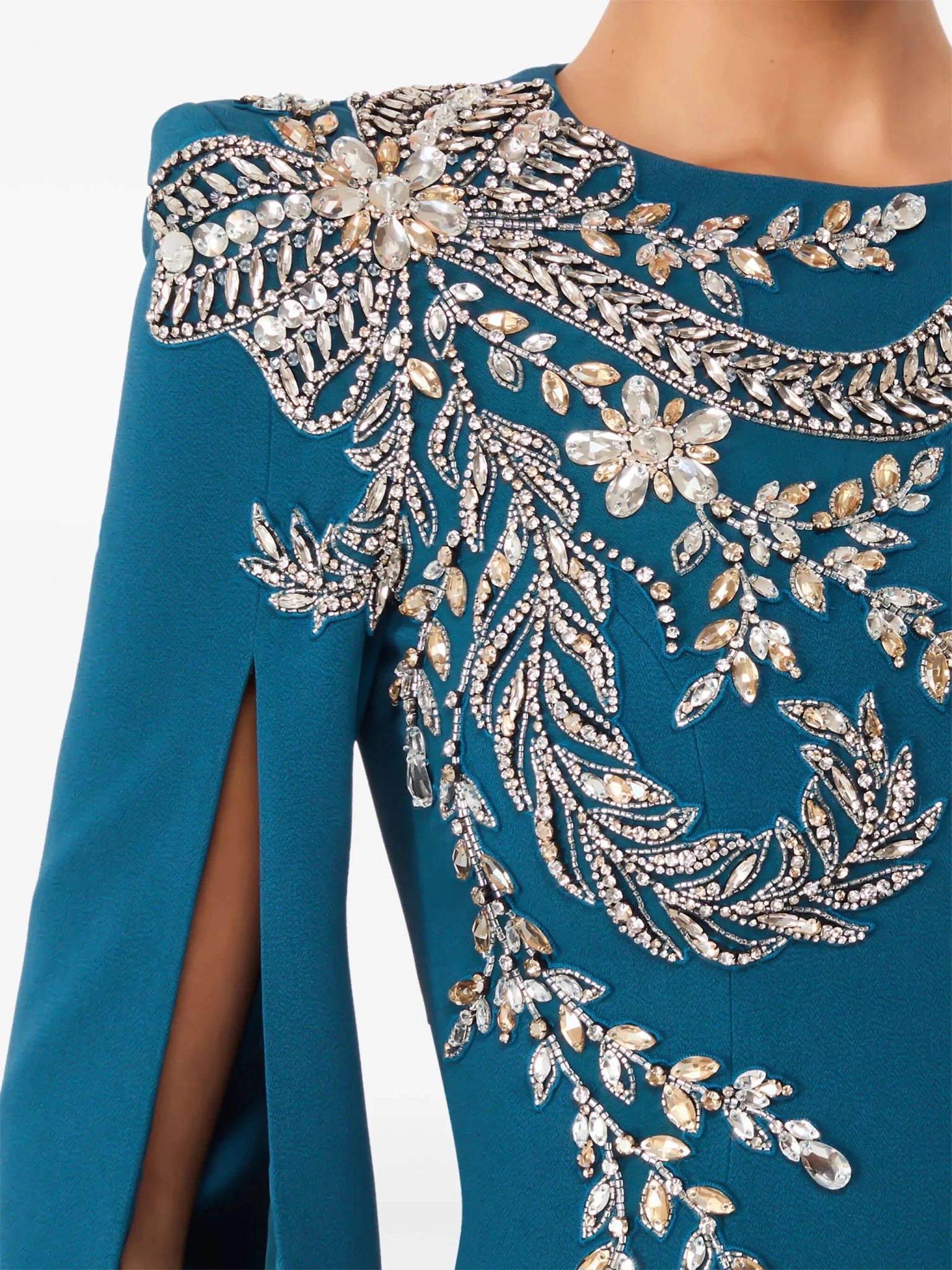 Beaded Diamond High - Neck Long Sleeve Evening Gown+Party dressesPeacock BlueS(2)Luxe Lane