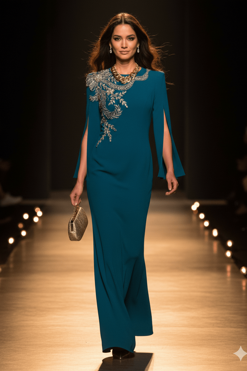 Beaded Diamond High - Neck Long Sleeve Evening Gown+Party dressesPeacock BlueS(2)Luxe Lane