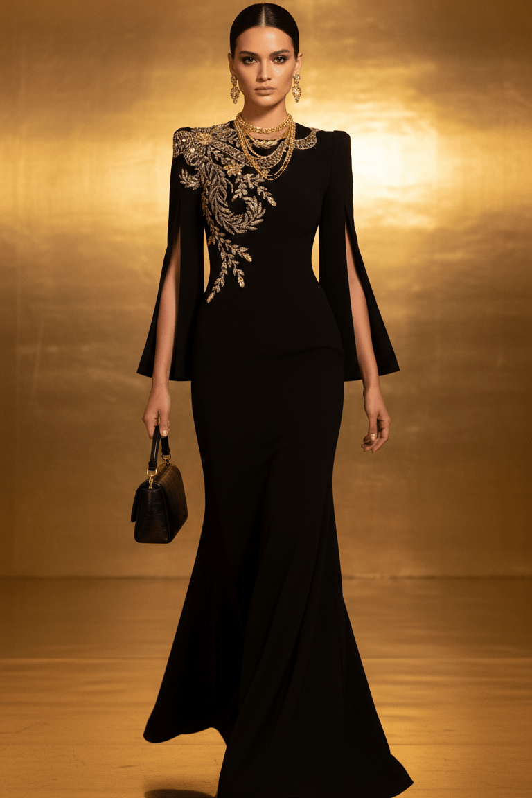 Beaded Diamond High - Neck Long Sleeve Evening Gown+Party dressesPeacock BlueS(2)Luxe Lane