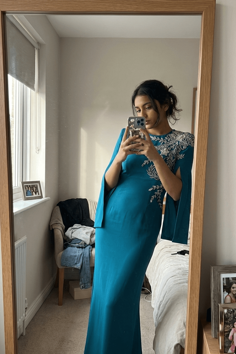 Beaded Diamond High - Neck Long Sleeve Evening Gown+Party dressesPeacock BlueS(2)Luxe Lane