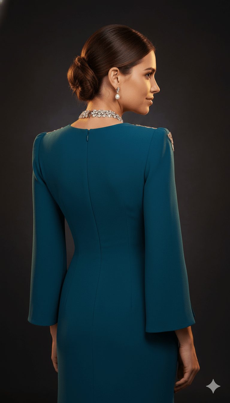 Beaded Diamond High - Neck Long Sleeve Evening Gown+Party dressesPeacock BlueS(2)Luxe Lane