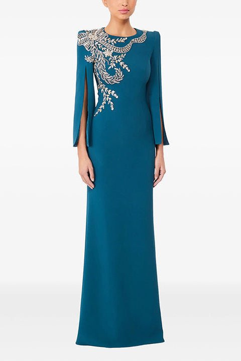 Beaded Diamond High - Neck Long Sleeve Evening Gown+Party dressesPeacock BlueS(2)Luxe Lane