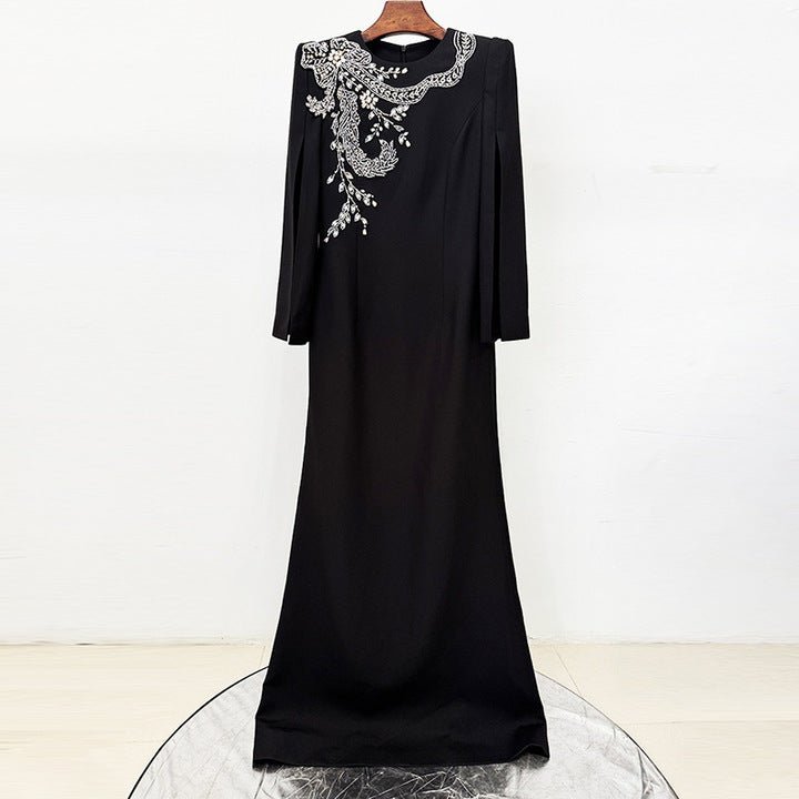 Beaded Diamond High - Neck Long Sleeve Evening Gown+Party dressesPeacock BlueS(2)Luxe Lane