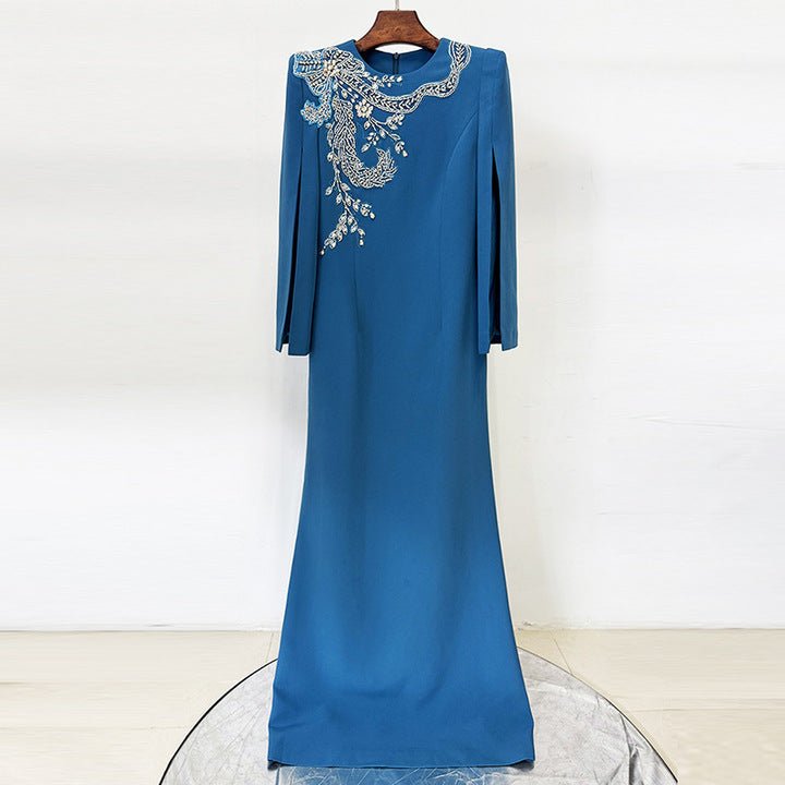 Beaded Diamond High - Neck Long Sleeve Evening Gown+Party dressesPeacock BlueS(2)Luxe Lane