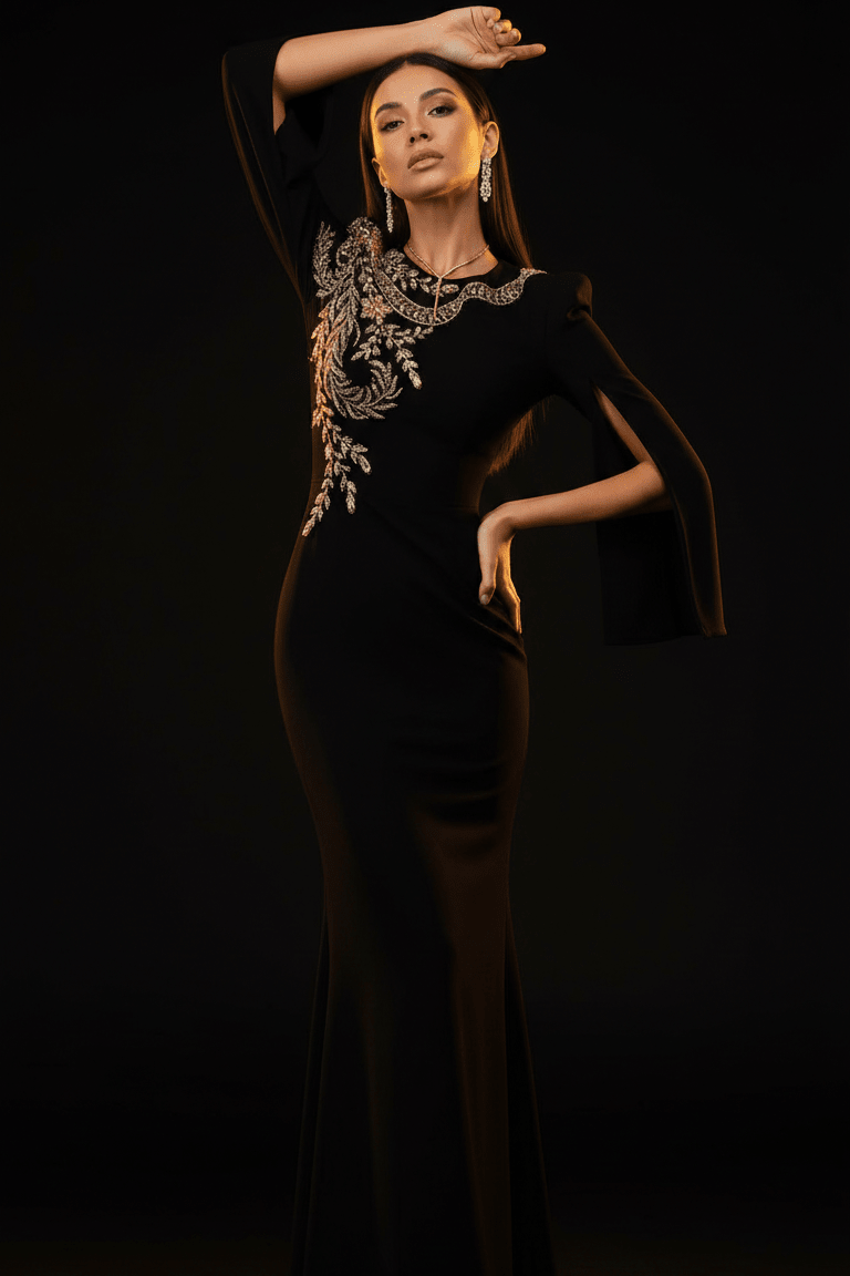 Beaded Diamond High - Neck Long Sleeve Evening Gown+Party dressesBlackS(2)Luxe Lane