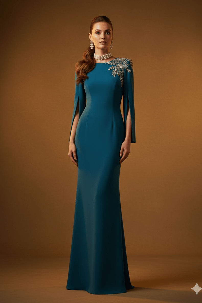Beaded Diamond High - Neck Long Sleeve Evening Gown+Party dressesBlackS(2)Luxe Lane