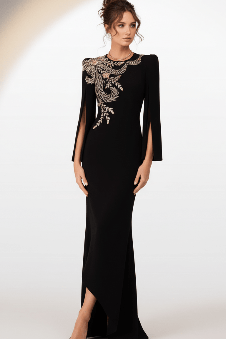 Beaded Diamond High - Neck Long Sleeve Evening Gown+Party dressesBlackS(2)Luxe Lane