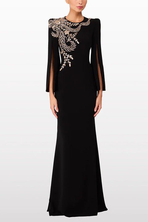 Beaded Diamond High - Neck Long Sleeve Evening Gown+Party dressesBlackS(2)Luxe Lane