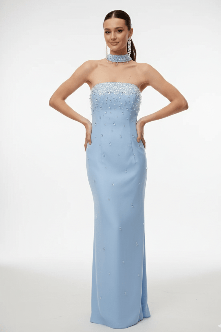 Beaded High - Neck Bodycon Maxi Evening Gownheath gownBlueS(6)blueLuxe Lane