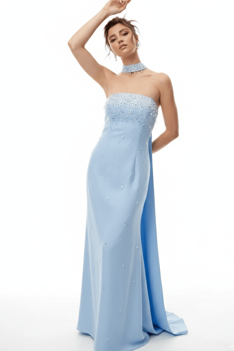 Beaded High - Neck Bodycon Maxi Evening Gownheath gownBlueS(6)blueLuxe Lane