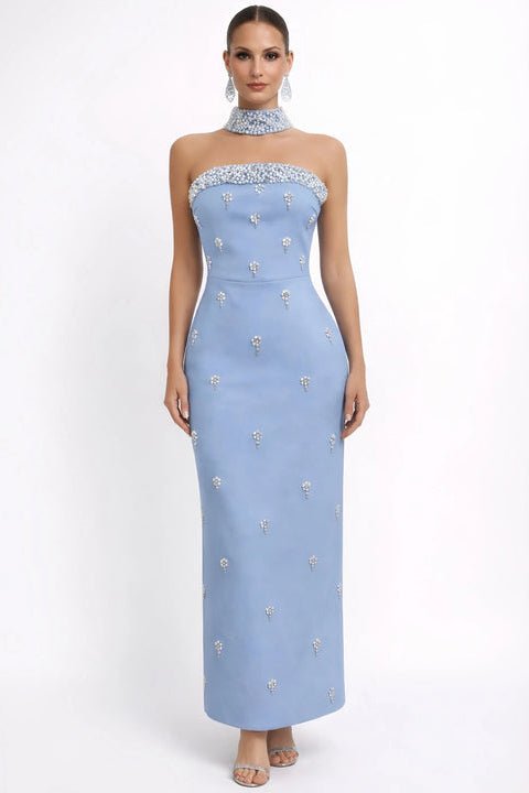 Beaded High - Neck Bodycon Maxi Evening Gownheath gownBlueS(6)blueLuxe Lane