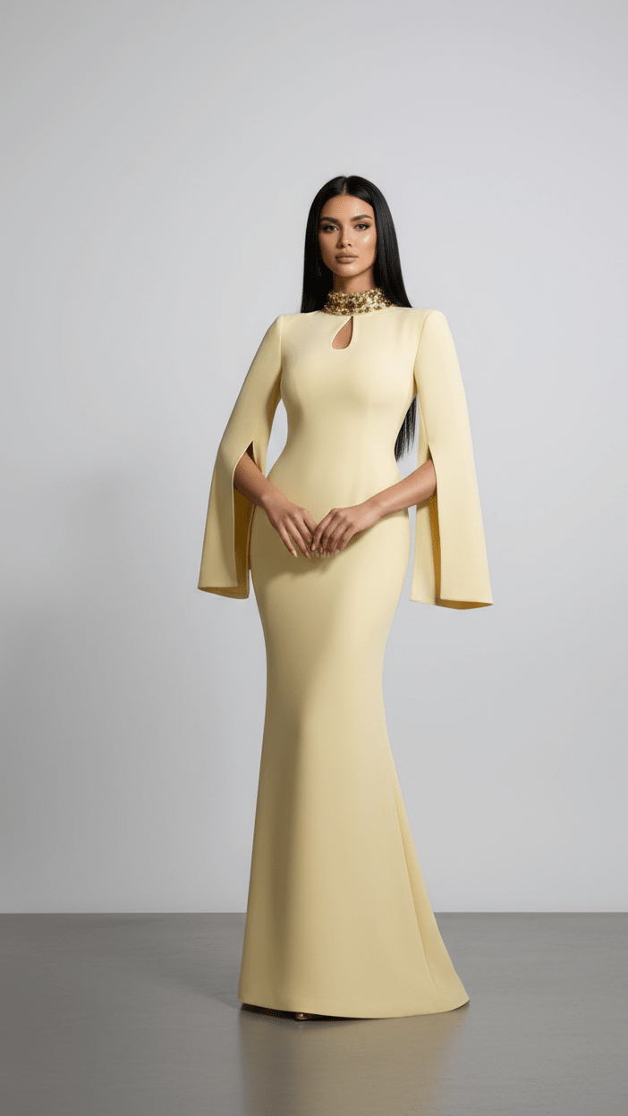 Beaded High Neck Split Sleeve Evening GownEvening DressLight yellowS(6)Luxe Lane