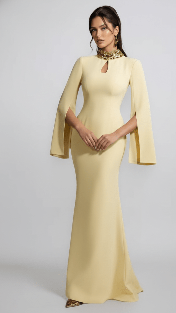 Beaded High Neck Split Sleeve Evening GownEvening DressLight yellowS(6)Luxe Lane