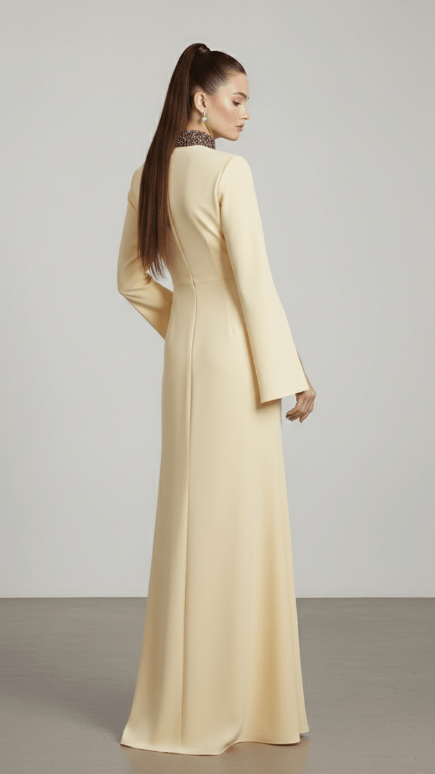 Beaded High Neck Split Sleeve Evening GownEvening DressLight yellowS(6)Luxe Lane