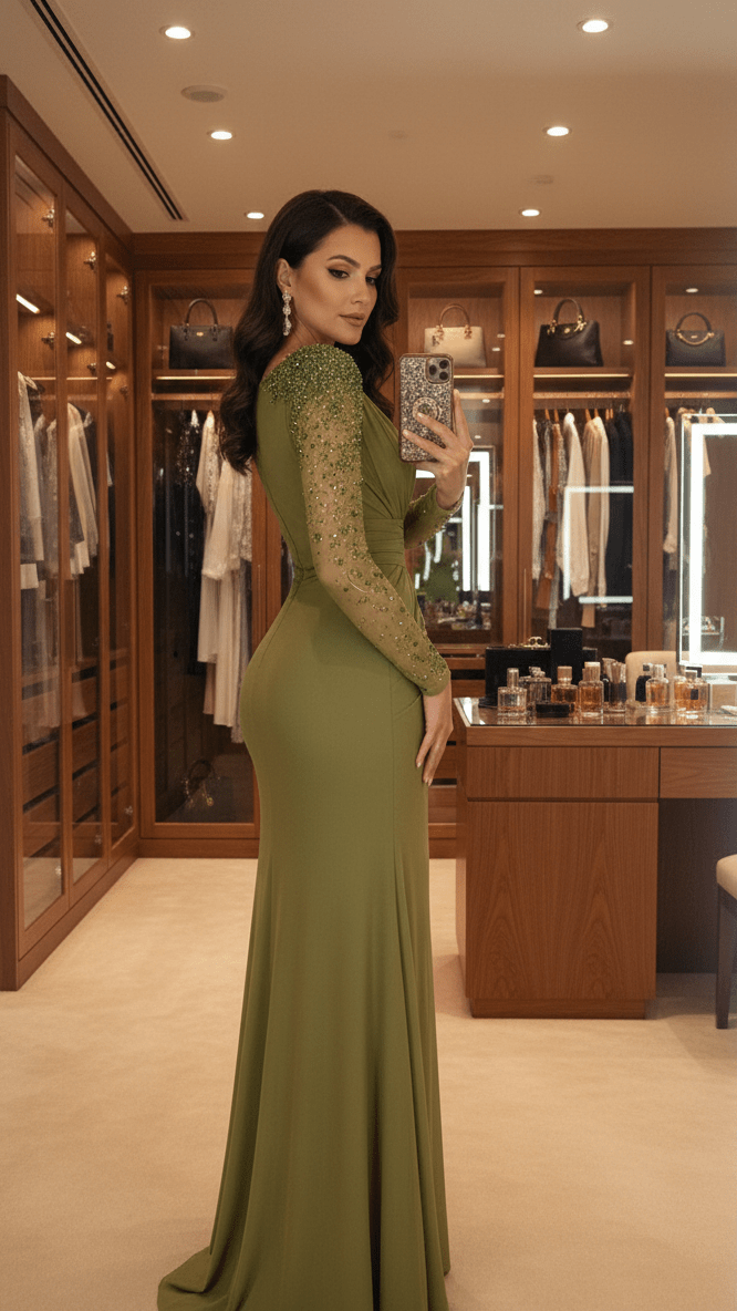Beaded Long Sleeve A - Line Evening GownParty dressesgreenS(2)Luxe Lane