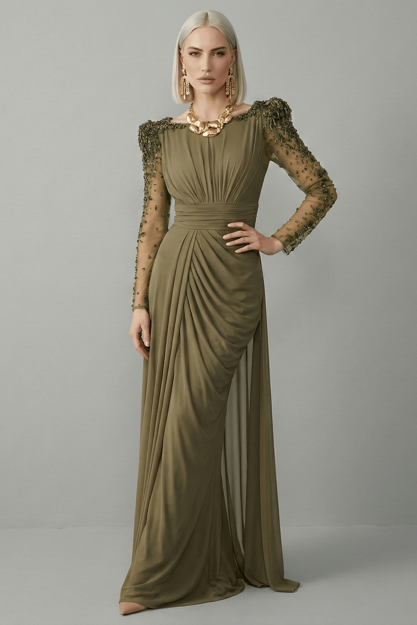 Beaded Long Sleeve High Slit Evening Gown by Guangdong | Party dresses from Luxe Lane | SKU: W11326-1 | Barcode:  | Options: green S(2) | Woman wearing a long green dress with lace sleeves against a gray background
