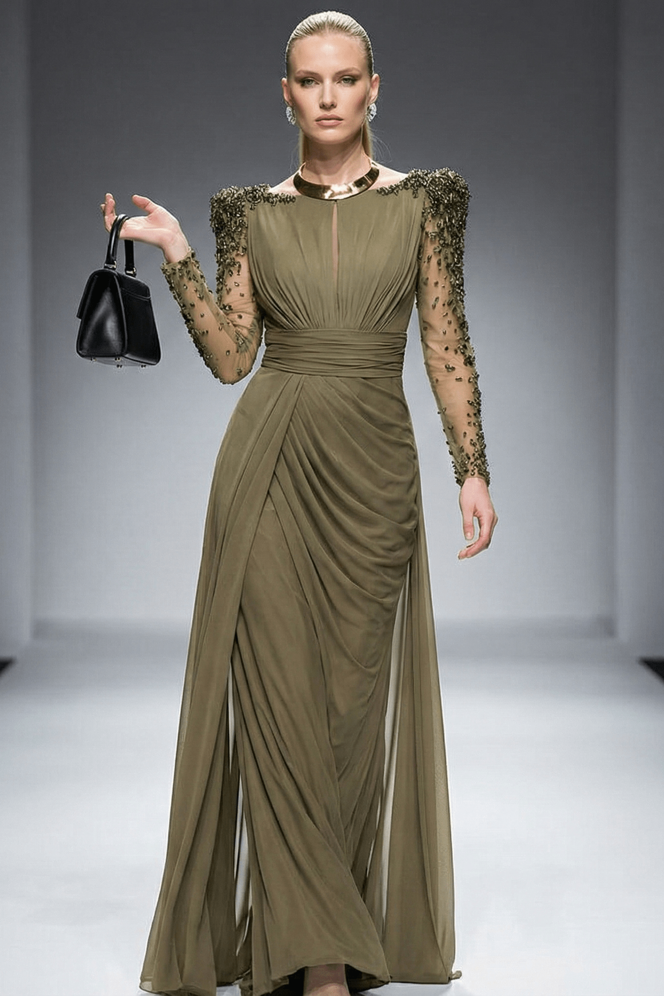 Beaded Long Sleeve High Slit Evening Gown by Guangdong | Party dresses from Luxe Lane | SKU: W11326-1 | Barcode:  | Options: green S(2) | Model wearing a green evening gown on a runway