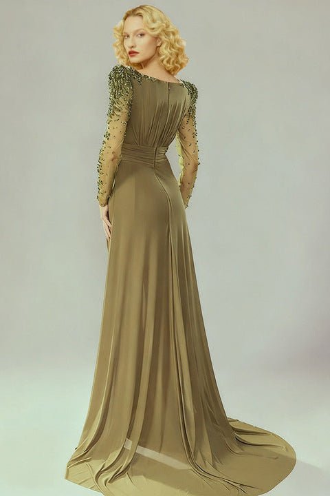 Beaded Long Sleeve High Slit Evening Gown by Guangdong | Party dresses from Luxe Lane | SKU: W11326-1 | Barcode:  | Options: green S(2) | Luxury Olive Green Evening Dress Elegant Long Sleeve Beaded Maxi Gown Women High Slit Formal Dresses for Party and Wedding