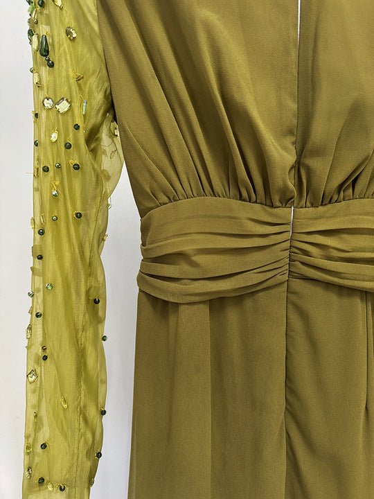 Beaded Long Sleeve High Slit Evening Gown by Guangdong | Party dresses from Luxe Lane | SKU: W11326-1 | Barcode:  | Options: green S(2) | Luxury Olive Green Evening Dress Elegant Long Sleeve Beaded Maxi Gown Women High Slit Formal Dresses for Party and Wedding