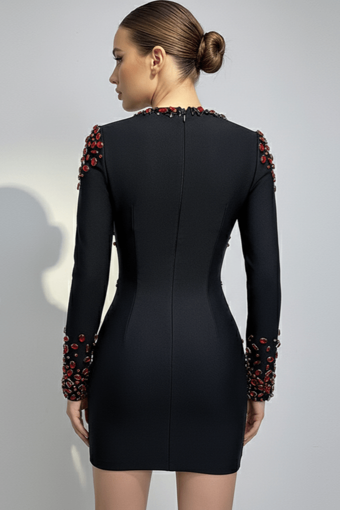 Beaded Long Sleeve Midi Dress by Luxe Lane | from Luxe Lane | SKU:  | Barcode:  | Options: Black S | Beaded Long Sleeve Midi Dress